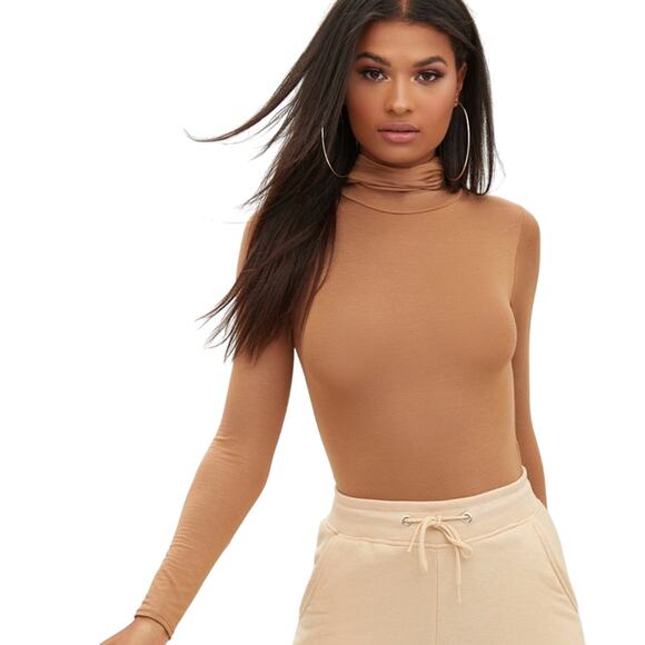 NWT Pretty Little Thing Turtleneck Bodysuit Womens 10 Camel Brown Neutral Basic - Picture 1 of 7